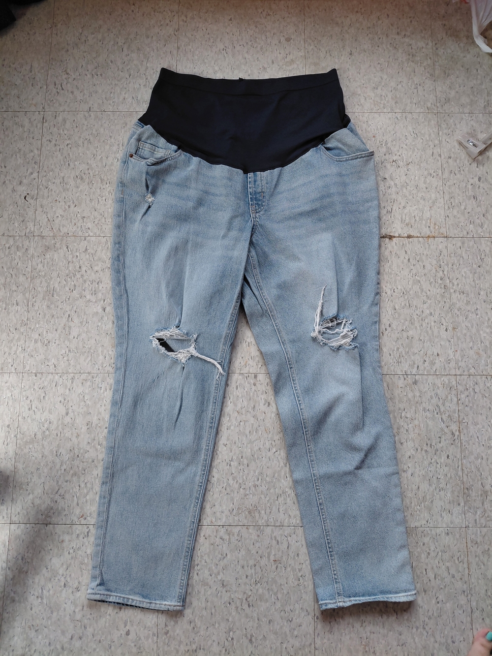 Old Navy Light Blue Distressed Maternity Boyfriend Jeans with Blue Waist Panel